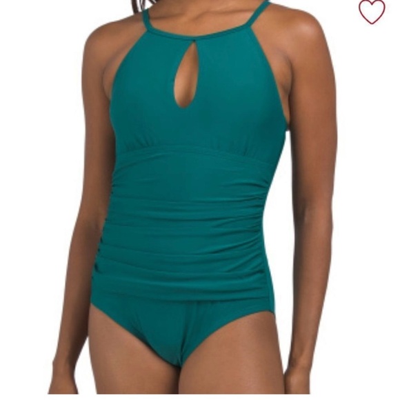 Ellen Tracy Women’s Size 8 Green One-Piece Swimsuit High Neck Keyhole Ruched - Picture 11 of 11